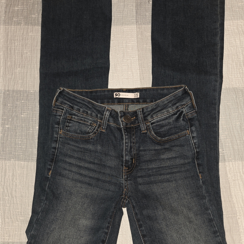 SO Women's Dark Indigo Low rise Bootcut Jeans